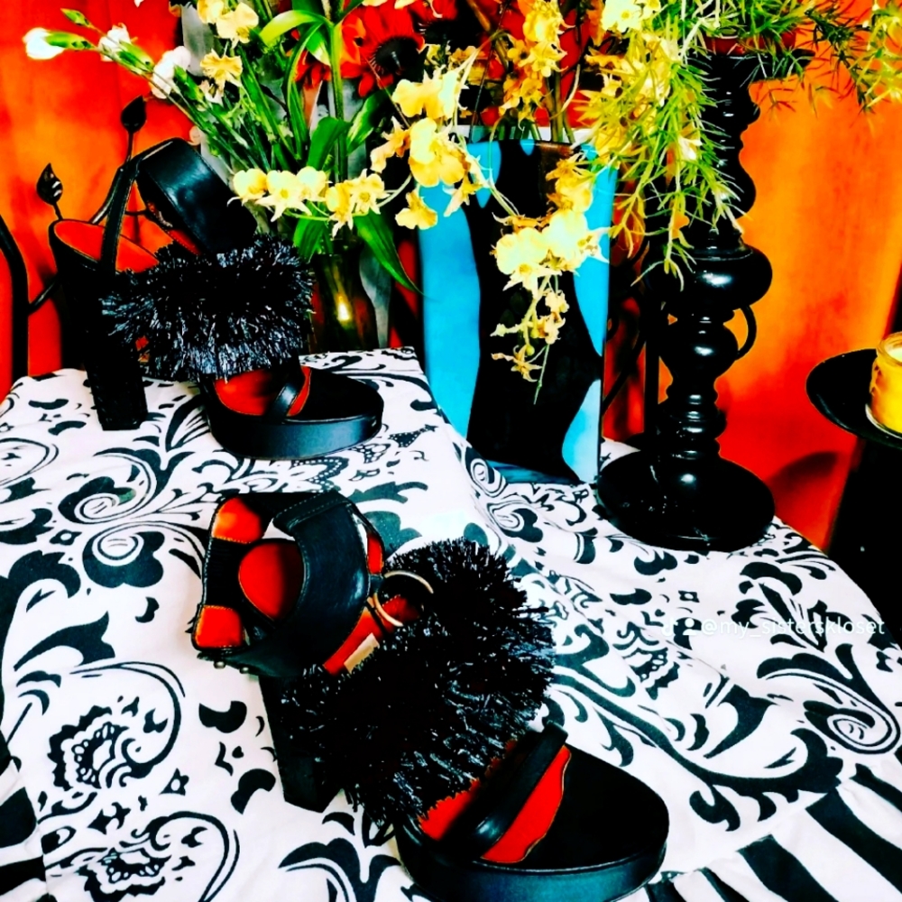 Fringe Black ankle strap open heels